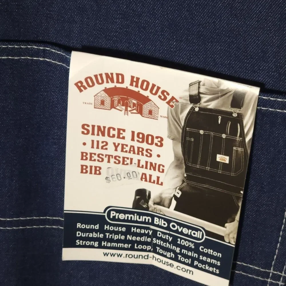 NWT Mens Round House Denim Jeans Carpenter Bib Overalls Sz 60X34 USA Made 5XL